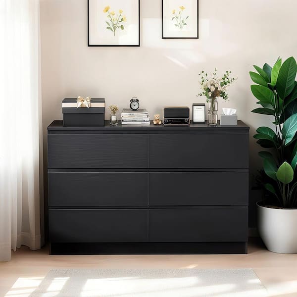 Black 6-Drawer Wood Chest of Drawers Modern Style 31 in H. x 47 in W. x 16 in. D