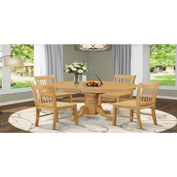 East West Furniture 5-Piece Oval Natural Oak Finish Solid Wood Top Dining table with 4 Chairs with Lattice Back