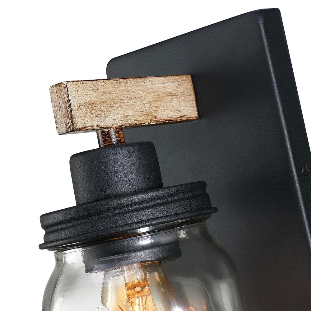 Black and Wood Rustic Farmhouse Mason Jar Wall Sconce