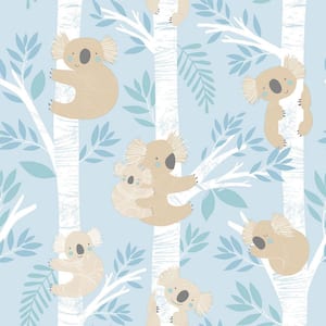Tiny Tots 2-Collection Light Blue/Beige/White Glitter Finish Kids Koala Bear Theme Non-Woven Paper Wallpaper Roll