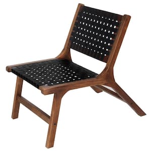 Mid Century Dark Brown and Black Solid Wood Accent Chair with Woven Leather Seat