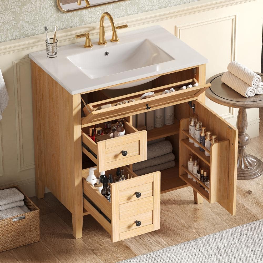 "30"" Wood Grain Vanity,Ceramic Sink,Tip-out Drawer,Door Rack & Adjustable Shelf" price history on PriceWatchPro
