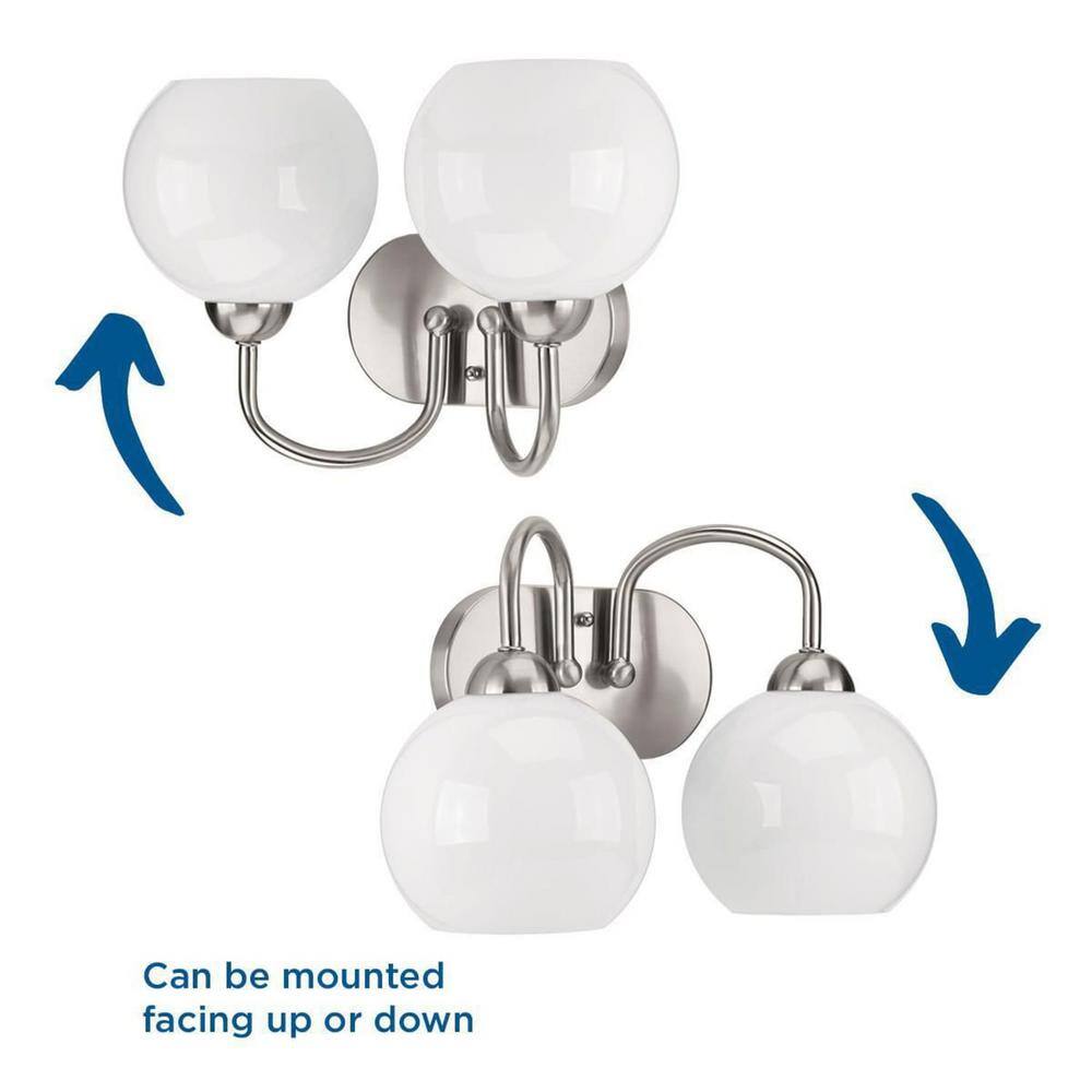 Brushed Nickel 2-Light Bath Wall Fixture with White Glass Globes
