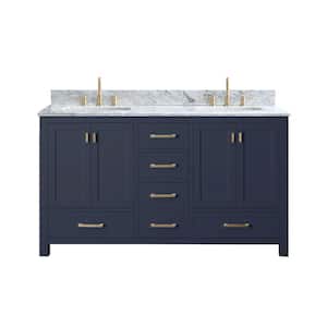 Modero 61 in. W x 22 in. D x 35 in. H Bath Vanity in Navy Blue with Marble Vanity Top in White and White Basin