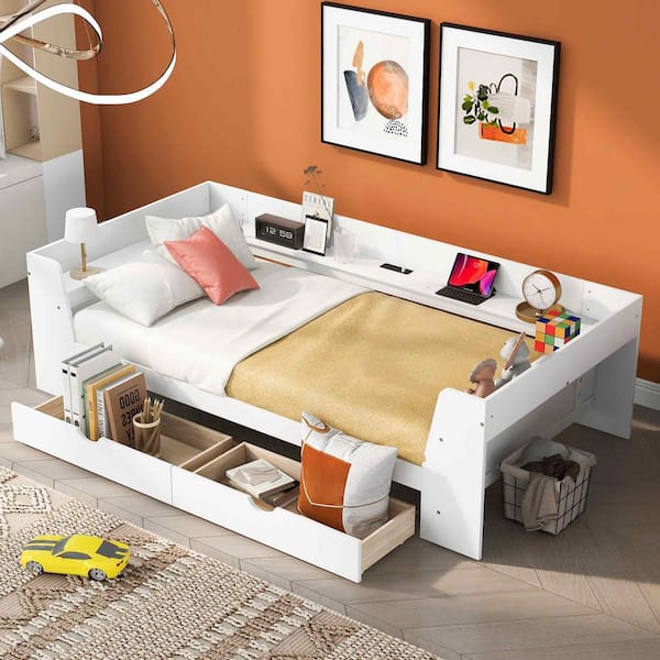 White Twin Size Daybed with Shelves, Drawers and Built-In Charging Station