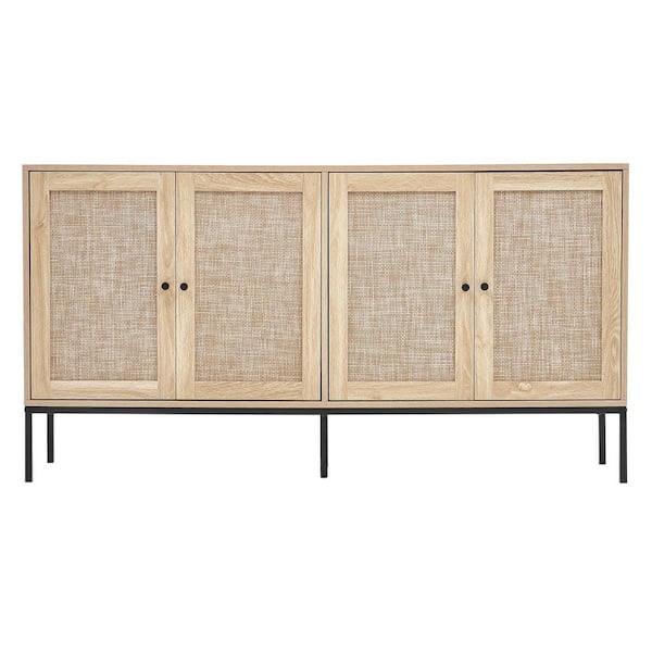 SKYSHALO Rattan Cabinet, Rattan Storage Cabinet with 4 Magnetic Doors and Adjustable Shelves, Sideboard Cabinet Natural Wood