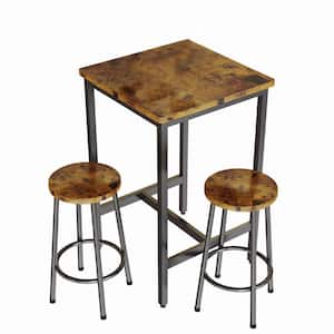 3-Pieces Wood Top Rustic Brown Counter Height Table Set, Bar Table Set with Metal Frame for Kitchen/Dining Room (Seat-2)