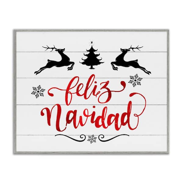 Stupell Industries Feliz Navidad Holiday Reindeer by Lettered and Lined Gray Framed Abstract Giclee Art Print 11 in. x 14 in.
