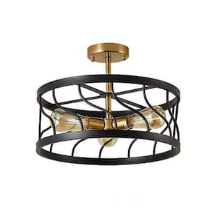 3-Light Black and Gold Semi Flush Mount Ceiling Light,Farmhouse Kitchen Ceiling Light with Drum Cage for Hallway Bedroom