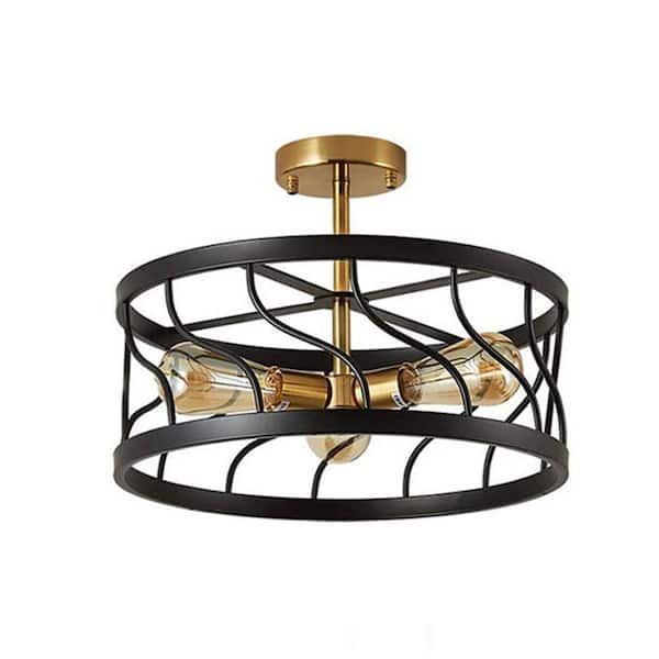 YANSUN 3-Light Black and Gold Metal Farmhouse Semi-Flush Mount Industrial Ceiling Light Fixture with Drum Cage Shape