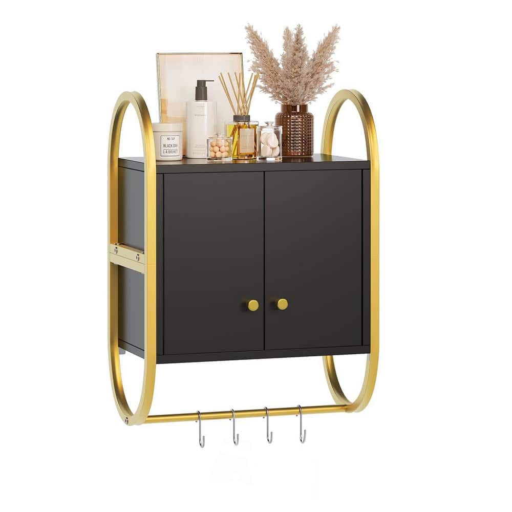 Floating Shelves 9.5in D x 16in W x 22in H, Black Wall Cabinet with 2 Door 