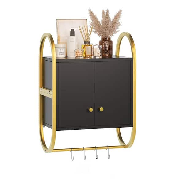 Unbranded Floating Shelves 9.5in D x 16in W x 22in H, Black Wall Cabinet with 2 Door and Towel Rack Decorative Wall Shelf