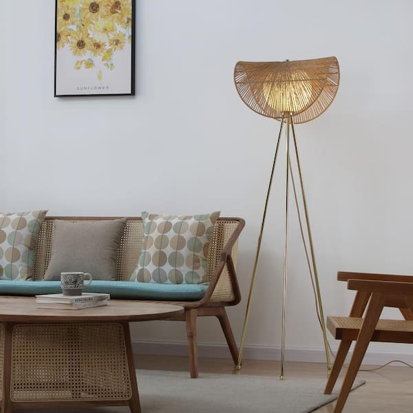 Sovev 62.87 in. Polished Brass Bohemian Tripod Floor Lamp for Living Room with Frosted Glass And Rattan Shade