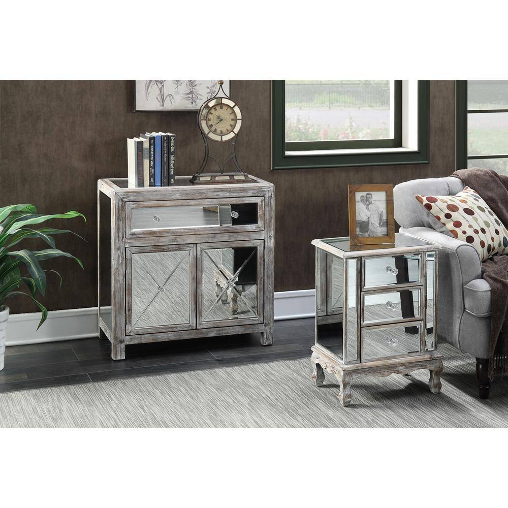 Elegant Weathered White Mirrored End Table with 3 Drawers