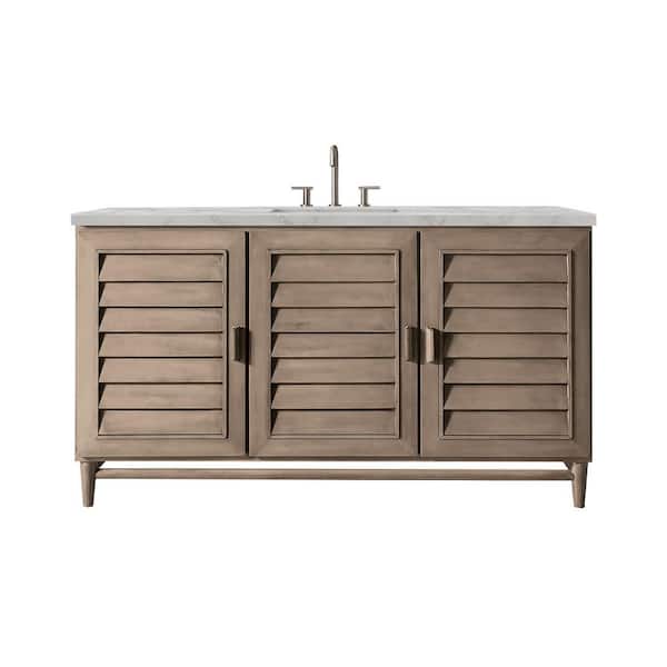 James Martin Vanities Portland 60.0 in. W x 23.5 in. D x 34.3 in. H Single Bathroom Vanity Whitewashed Walnut and Victorian Silver Quartz Top