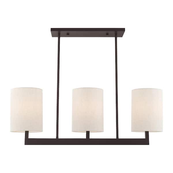 Davenport 3-Light Bronze Linear Chandelier with Oatmeal Fabric Shade