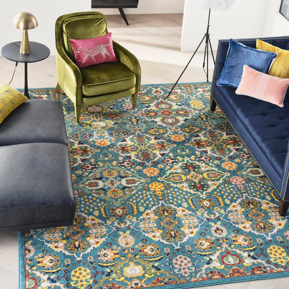 Turquoise Ivory Floral Synthetic 9' x 12' Easy Care Area Rug
