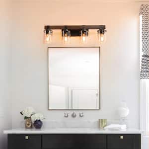 27 in. Farmhouse Wall Sconce 4-Light Bathroom Mirror Lighting Rustic LED Vanity Light with Glass Shade, Walnut and Black