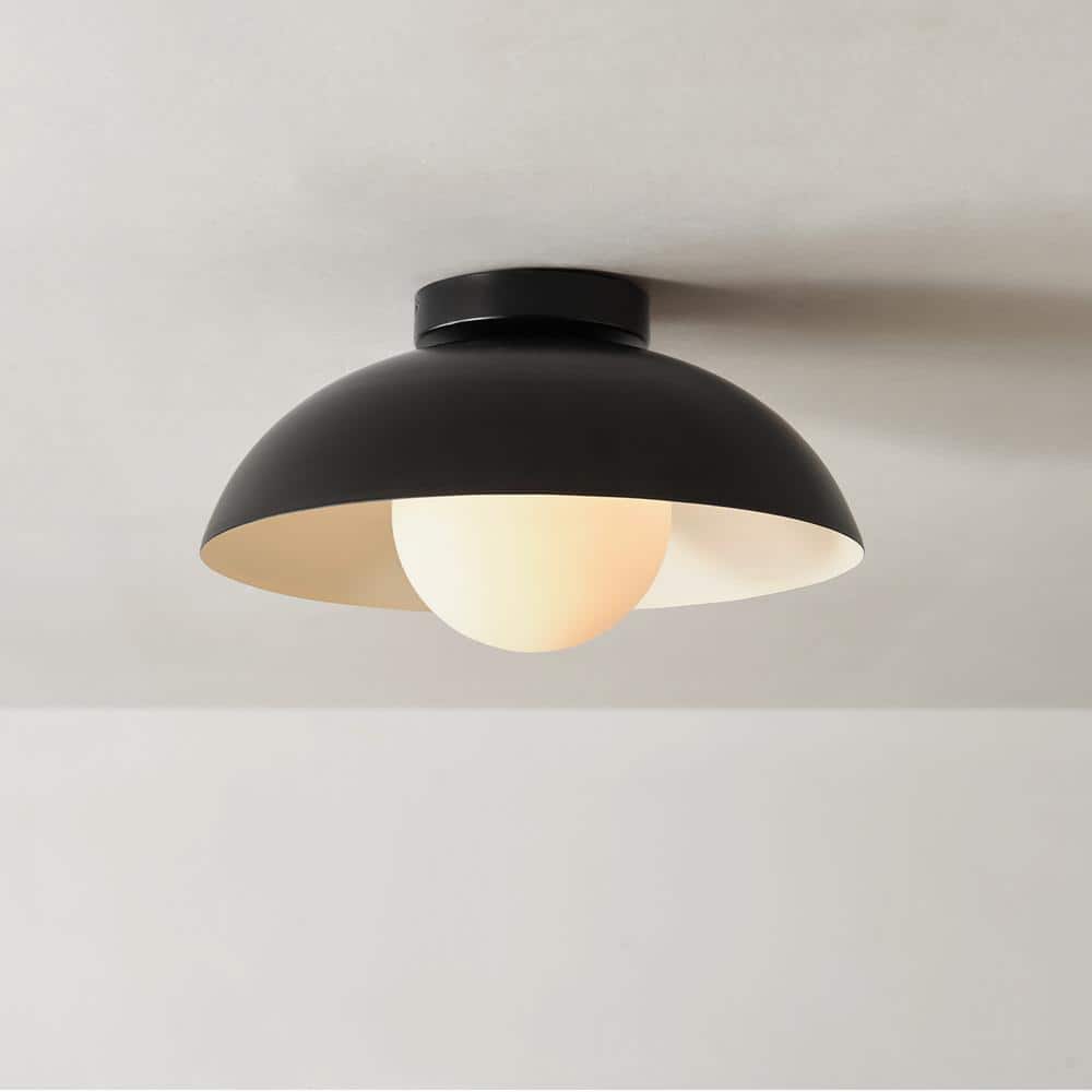 Globe Electric 13 in. 1-Light Matte Black Flush Mount Ceiling Light with White Opal Glass Shade
