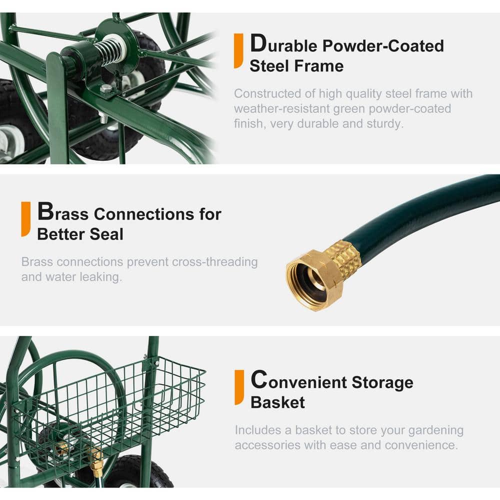 Green Steel 4-Wheel Garden Hose Reel Cart with Climate Resistant Finish