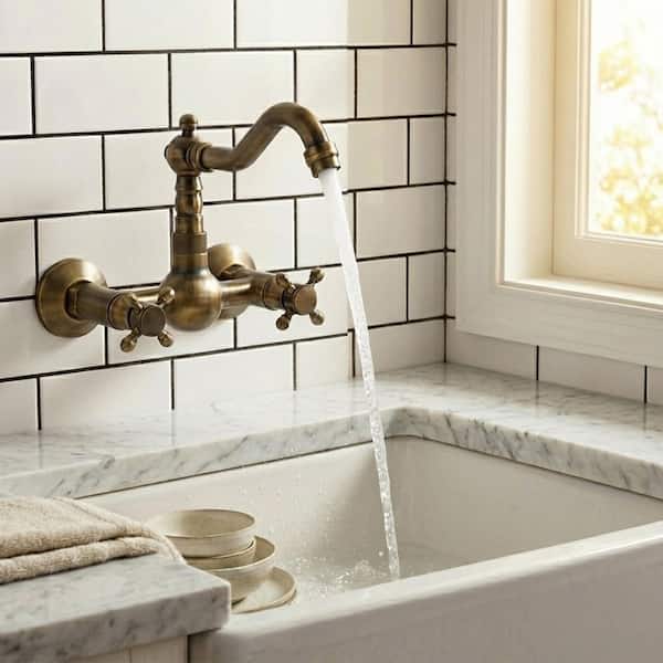 British Vintage Style 2-Handle Wall Mounted Standard Kitchen Faucet in Antique Brass
