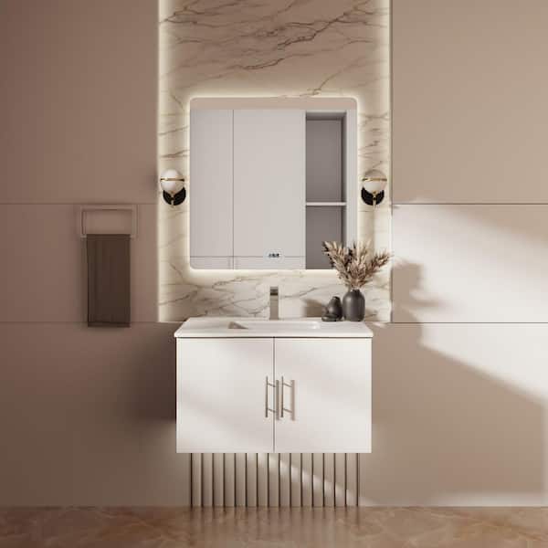Lexora Geneva 30 in. W x 22 in. D Glossy White Bath Vanity, White Quartz Top, Faucet Set, and 30 in. LED Mirror