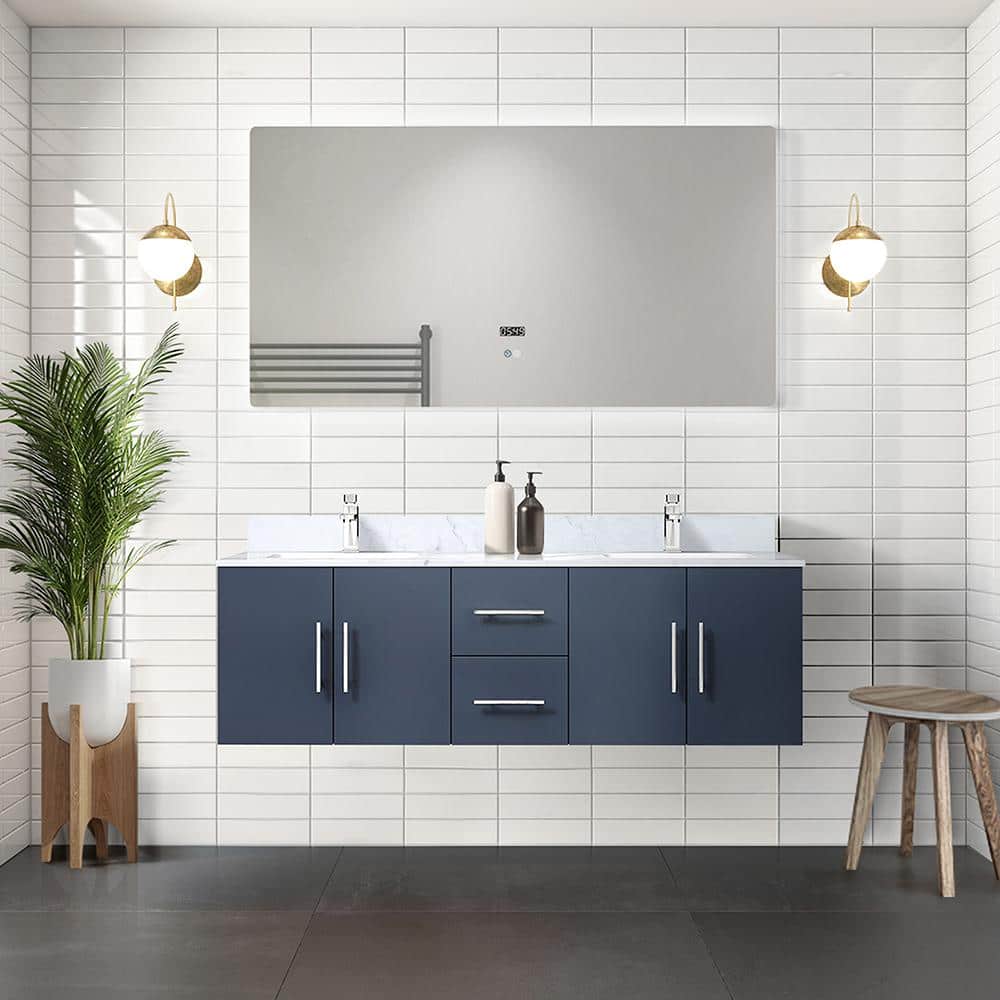 Geneva 60" Navy Blue Double Vanity with White Marble Top