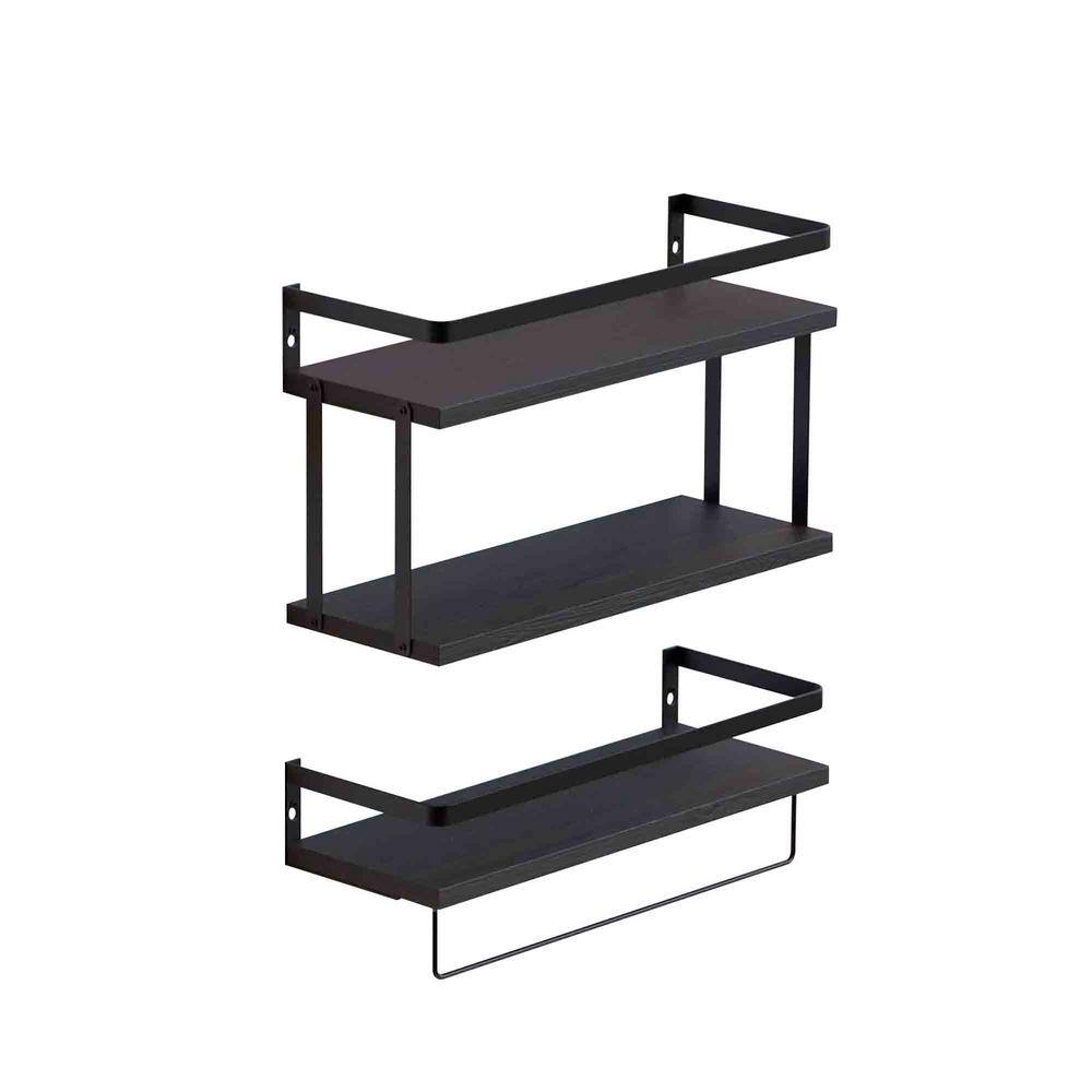 16 in. W x 6 in. D x 9.6 in. H Black Wood Floating Decorative Wall Shelf Set of 2 TG10007 The