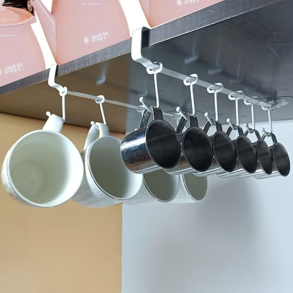Under Cabinet Mug Rack with 6-Hooks, Display Hanging Cups Drying Hook for Bar, Kitchen, White (2-Pack)