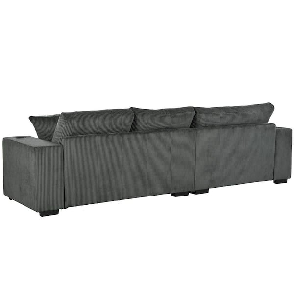 111.5 in. Square Arm L-Shape Corduroy Sectional Sofa in Gray with USB Charging Ports, Cup Holders