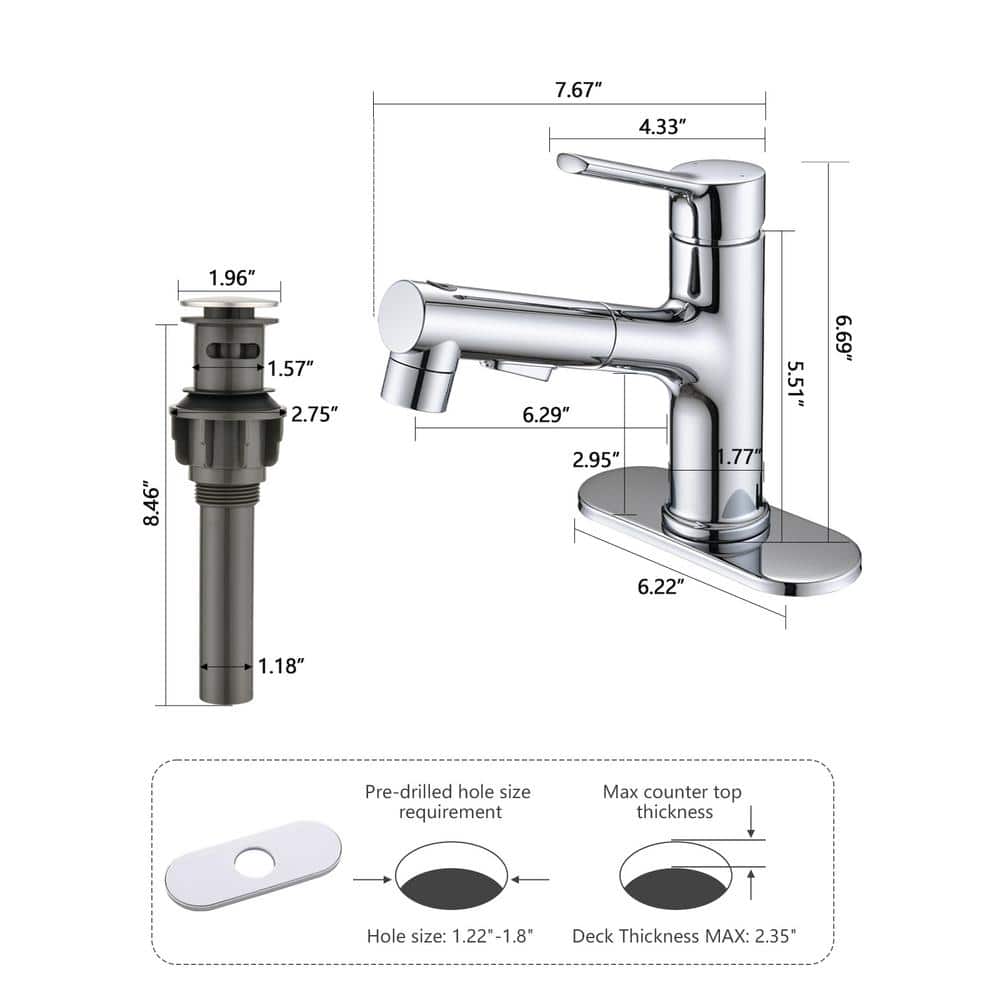 Polished Chrome Single Handle Bathroom Faucet with Deckplate and Drain Kit
