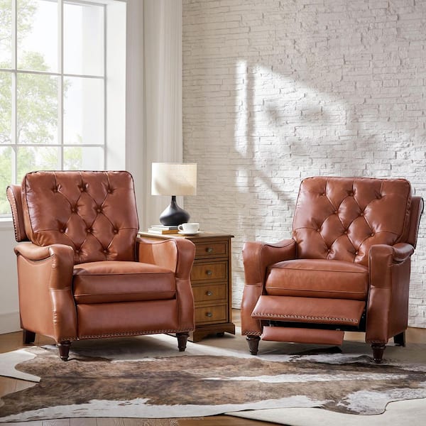 JAYDEN CREATION Louisa Saddle 33.5 in. W Genuine Leather Manual Recliner with Solid Wood Legs Set of 2
