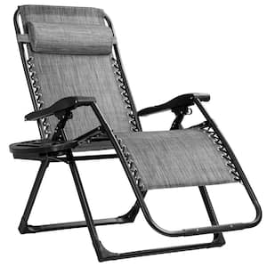 Gray Oversized Zero Gravity Metal Outdoor Lounge Chair Folding Recliner with Cup Holder and Pillow