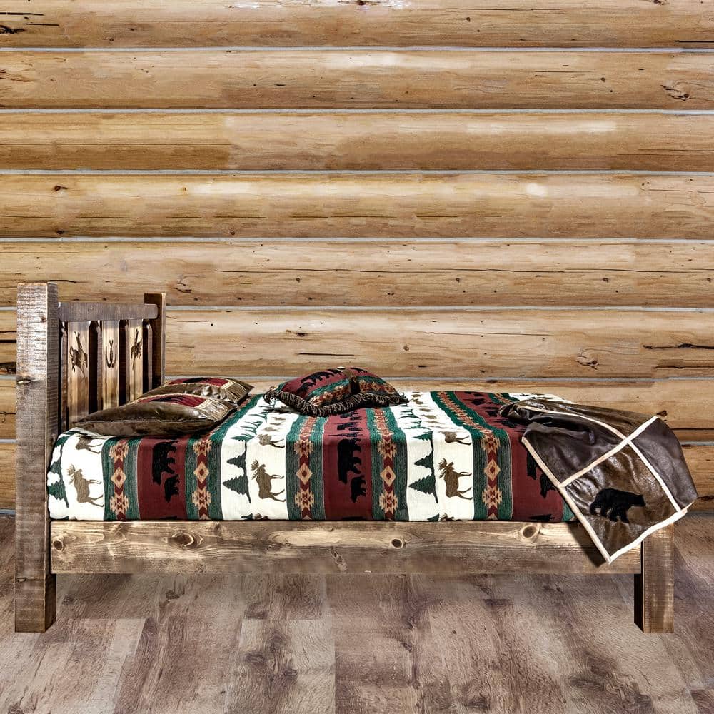 Rustic Full Pine Platform Bed with Laser Engraved Bronc Headboard