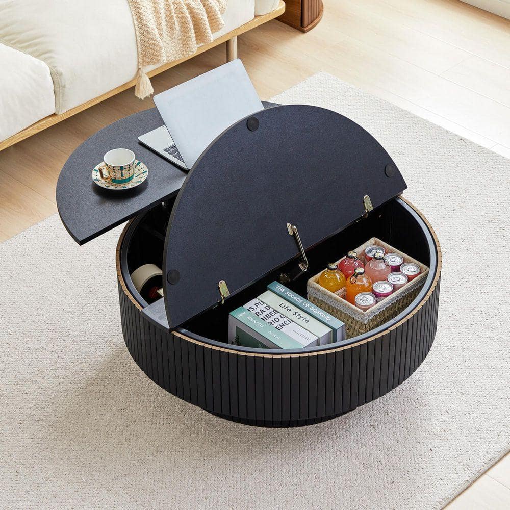 ATHMILE 33.07 in. Black Round MDF Storage Coffee Table with a Height-Adjustable Panel BLK-W61407H35-M