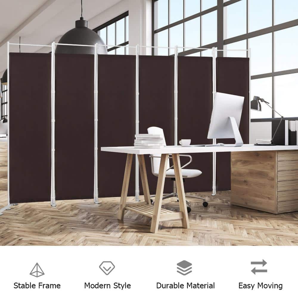 Brown Polyester 6-Panel Folding Room Divider with Steel Frame