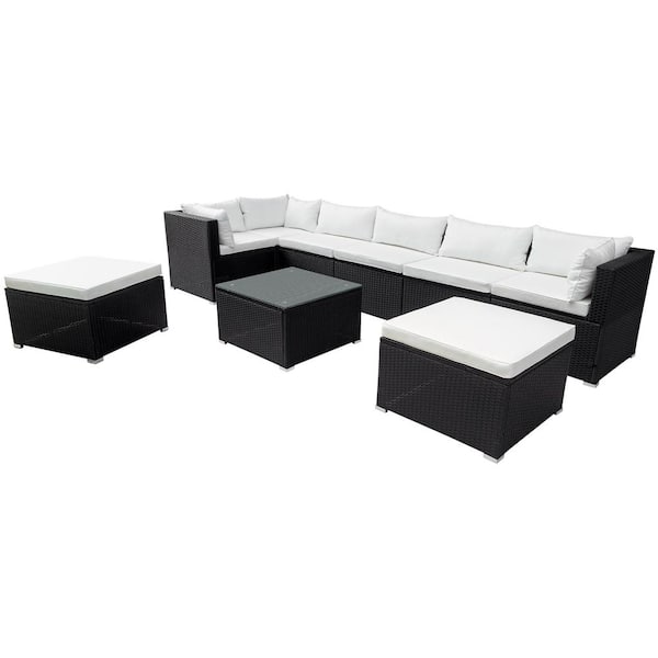 FORCLOVER 9-Piece Black Wicker Rattan Patio Conversation Sectional Seating Set with Beige Cushions and Coffee Table