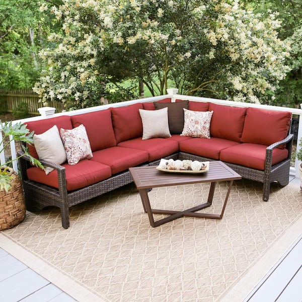 Leisure Made Augusta 5-Piece Wicker Outdoor Sectional Set with Red  Cushions-437409-RED - The Home Depot
