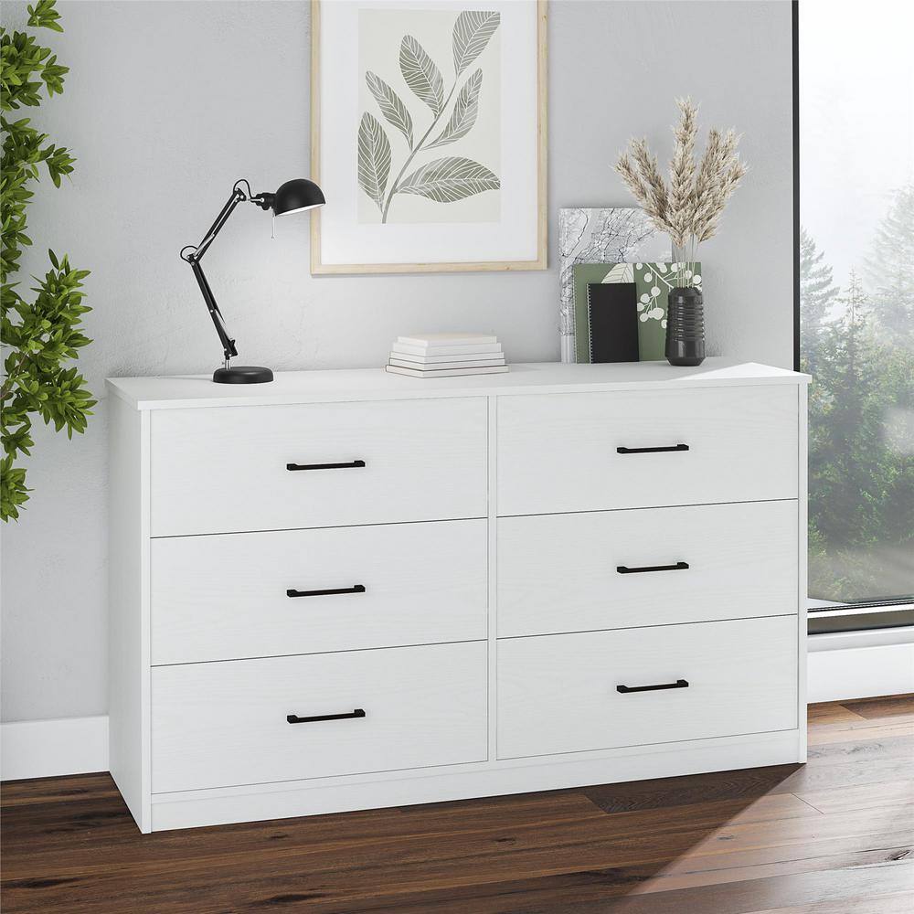 White Wide 6 Drawer Dresser with Metal Slides