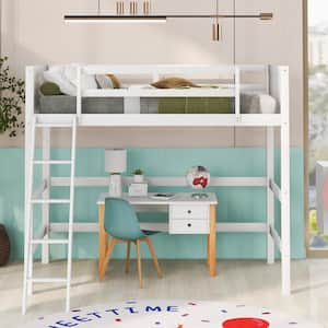White Solid Wood Twin Size Loft Bed with Inclined Ladder and Safety Guardrail, No Box Spring Required