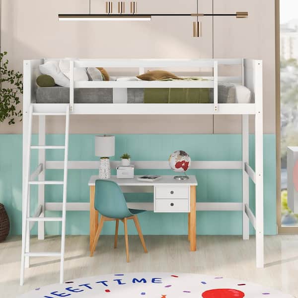 URTR White Solid Wood Twin Size Loft Bed with Inclined Ladder and Safety Guardrail, No Box Spring Required