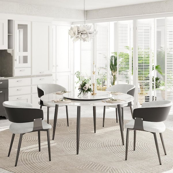 Magic Home Set of 2 Modern Dining Chairs Teddy Fleece and PU Leather Upholstered Seat Curved Open Back in White
