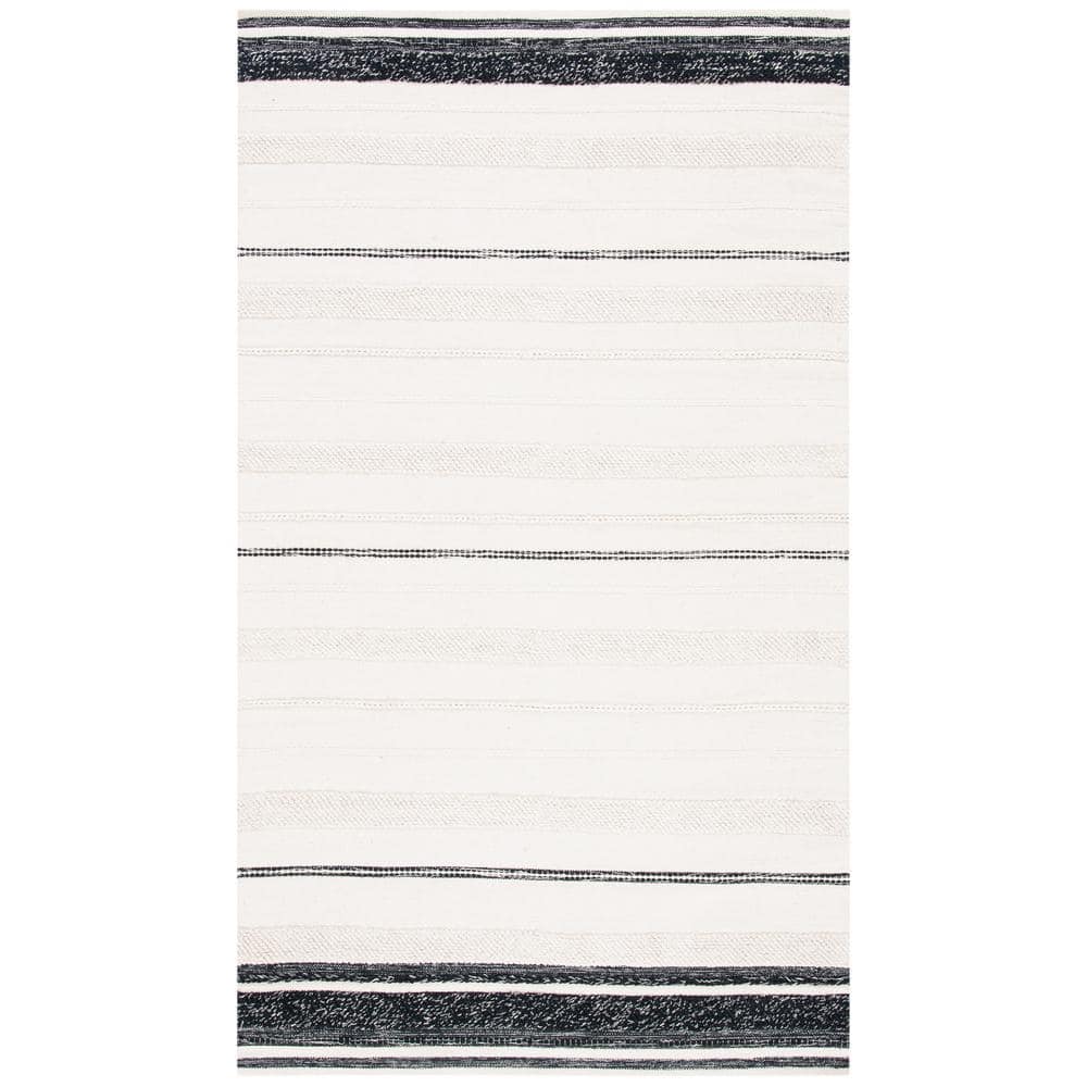 Ivory and Black 9' x 12' Wool Cotton Striped Kilim Rug