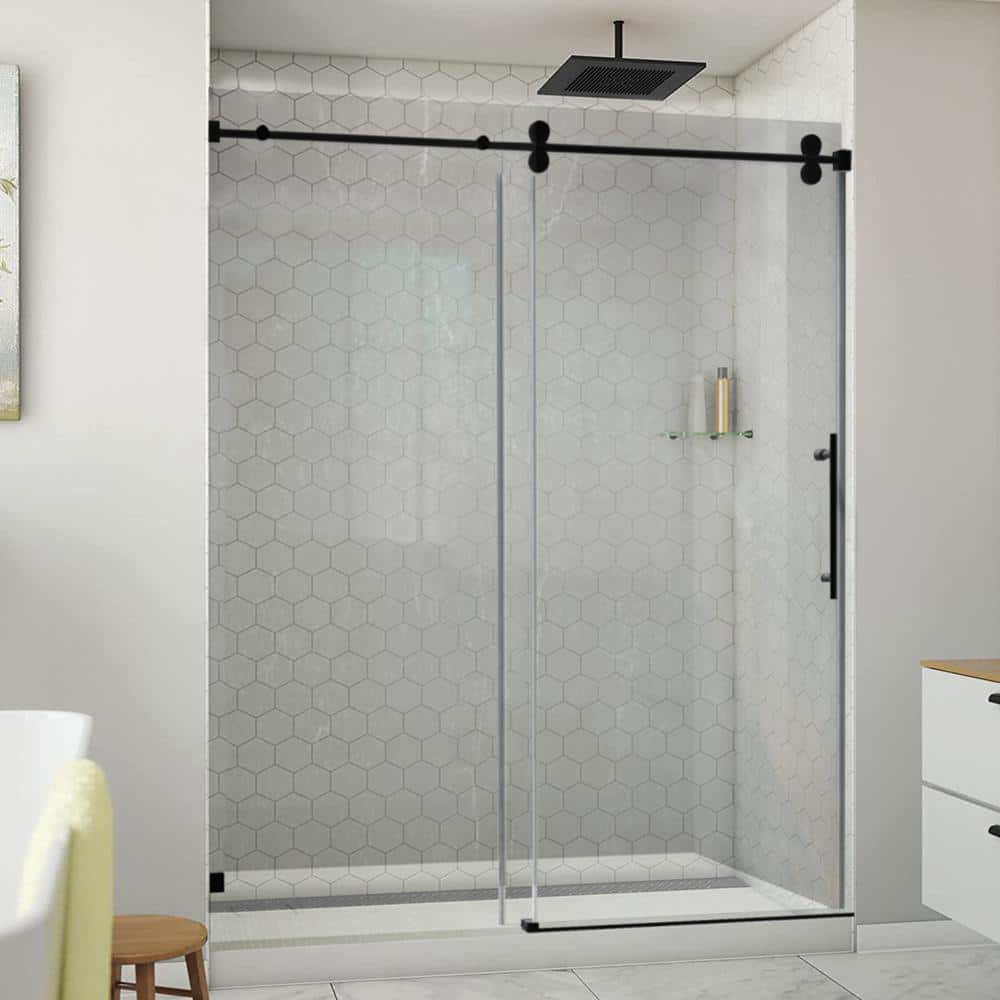60-Inch Matte Black Frameless Sliding Shower Door with Clear Glass