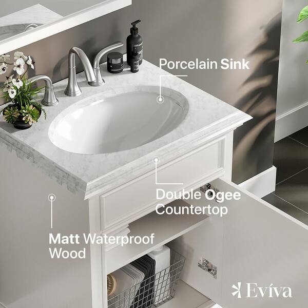 Eviva Elitist 24 in. W x 22 in. D x 34 in. H Freestanding Single Sink Bath Vanity in White with White Carrara MarbleTop