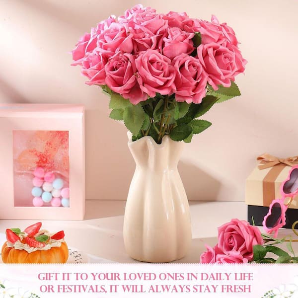 20 in. Pink Outdoor Artificial Rose Plastic Flower for Home 50