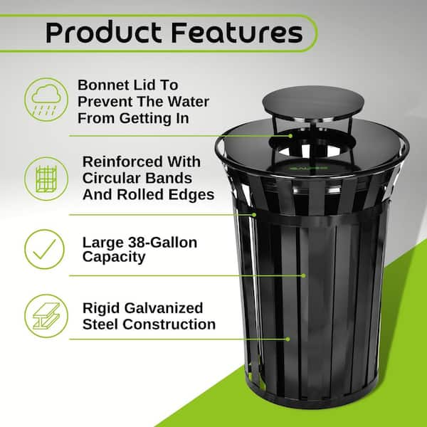 Alpine Industries 38 gal. Black Metal Slatted Outdoor Commercial Trash Can Receptacle