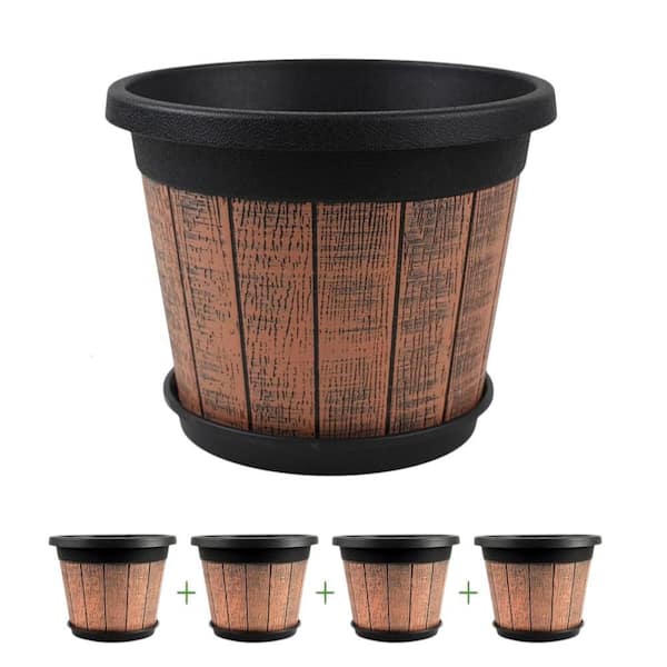 10 in. Dia x 7 in. H 4.5 qts. Brown Round Whiskey Barrel Planter with Drainage Holes and Saucer (4-Pack)