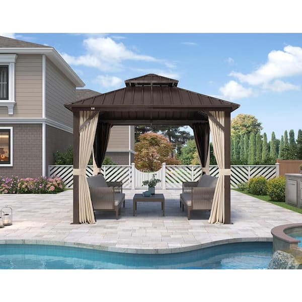10 ft. x 10 ft. Bronze Aluminum Outdoor Hardtop Gazebo Metal Frame Galvanized Double Roof with Curtains and Nettings