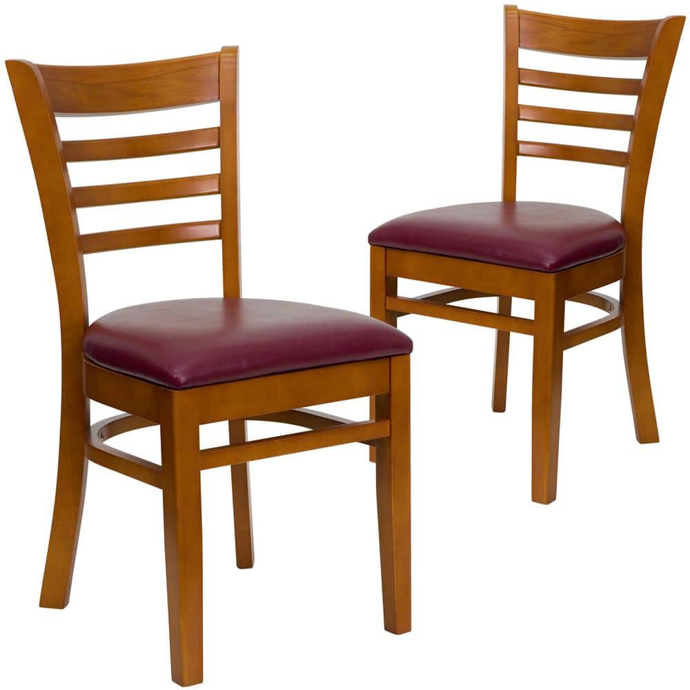 Burgundy Vinyl Seat/Cherry Wood Frame Restaurant Chairs (Set of 2)